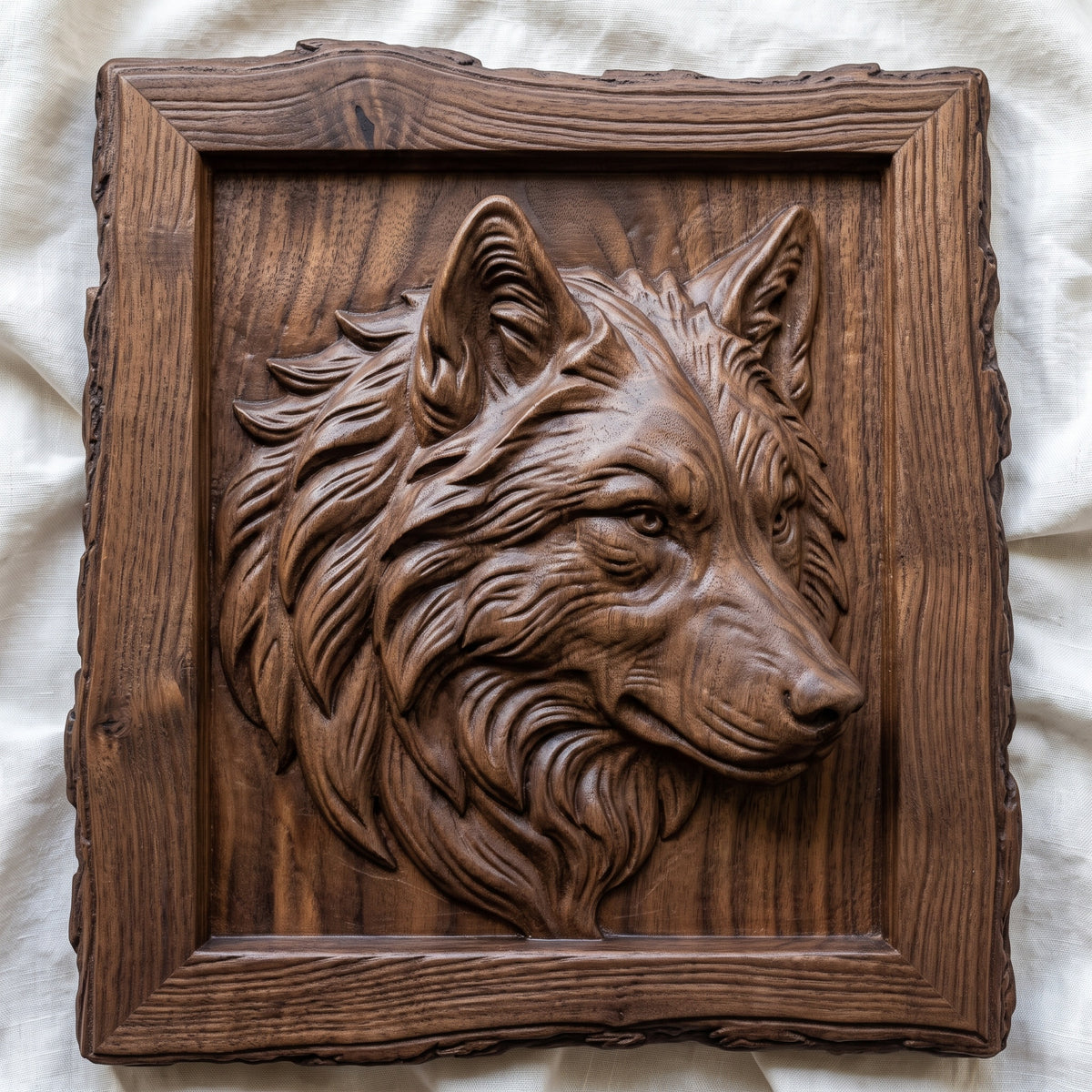 Detailed 3D bas-relief of a wolf head in profile with flowing layered fur, pointed ears and a calm watchful eye, set in a rustic live-edge wood picture frame with raised grain and rough natural edges around a recessed panel. Deep fur texture and carved wood grain. Made for CNC router carving, woodworking, 3D printing and rustic cabin wall decor.