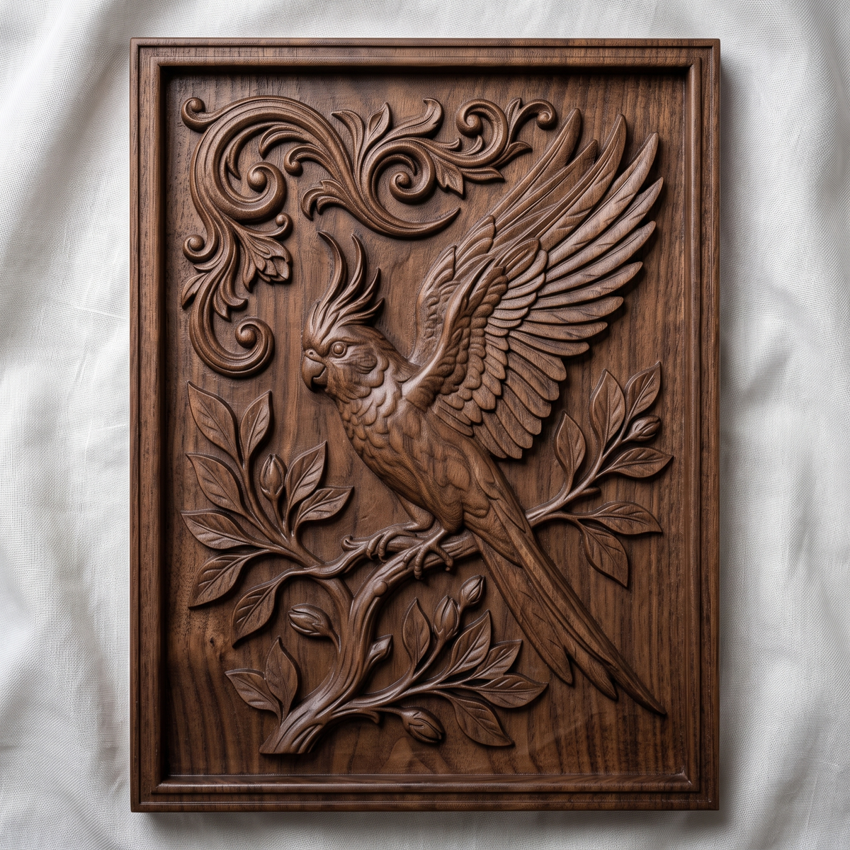 Highly detailed 3D bas-relief of a crested cockatoo with one wing raised and spread, perched on a flowering branch with budding leaves and long tail feathers trailing below, set against ornate scrollwork carved in rich walnut wood. The scene is framed by a raised, molded picture-frame border on a vertical rectangular panel. Fine relief carving captures individual feathers, leaf veins, and natural wood grain throughout. Designed for CNC relief carving, wood routing, and 3D printing as bird lover,