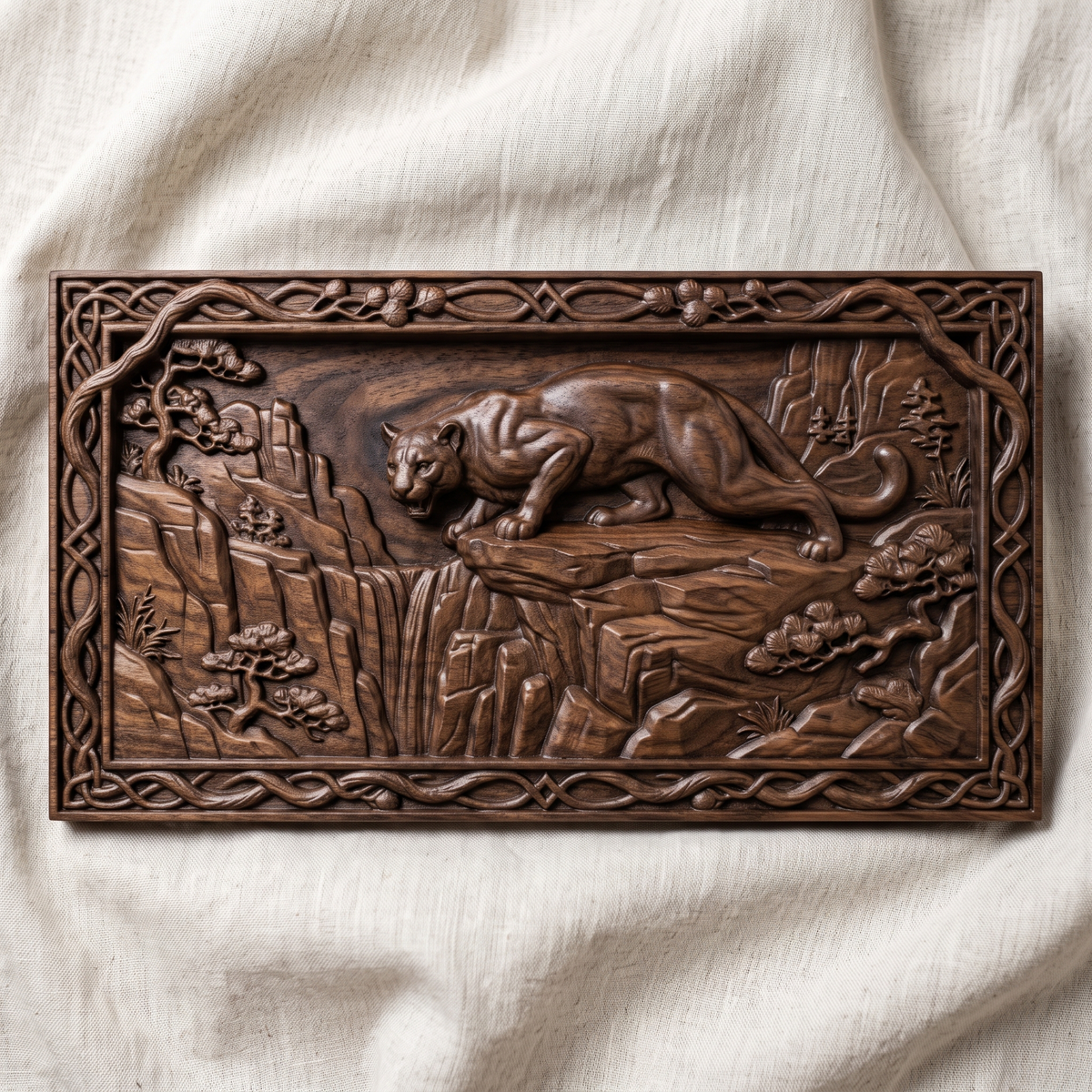 3D bas-relief of a mountain lion crouched on a rocky cliff edge above a waterfall, set in a landscape rectangular frame with a carved vine and Celtic knot border with pine cones. Bonsai-style pine trees, layered cliffs and grass surround the cougar. Smooth sculpted muscle detail and fine rock texture. Designed for CNC relief carving, woodworking and 3D printing as wide wall decor.