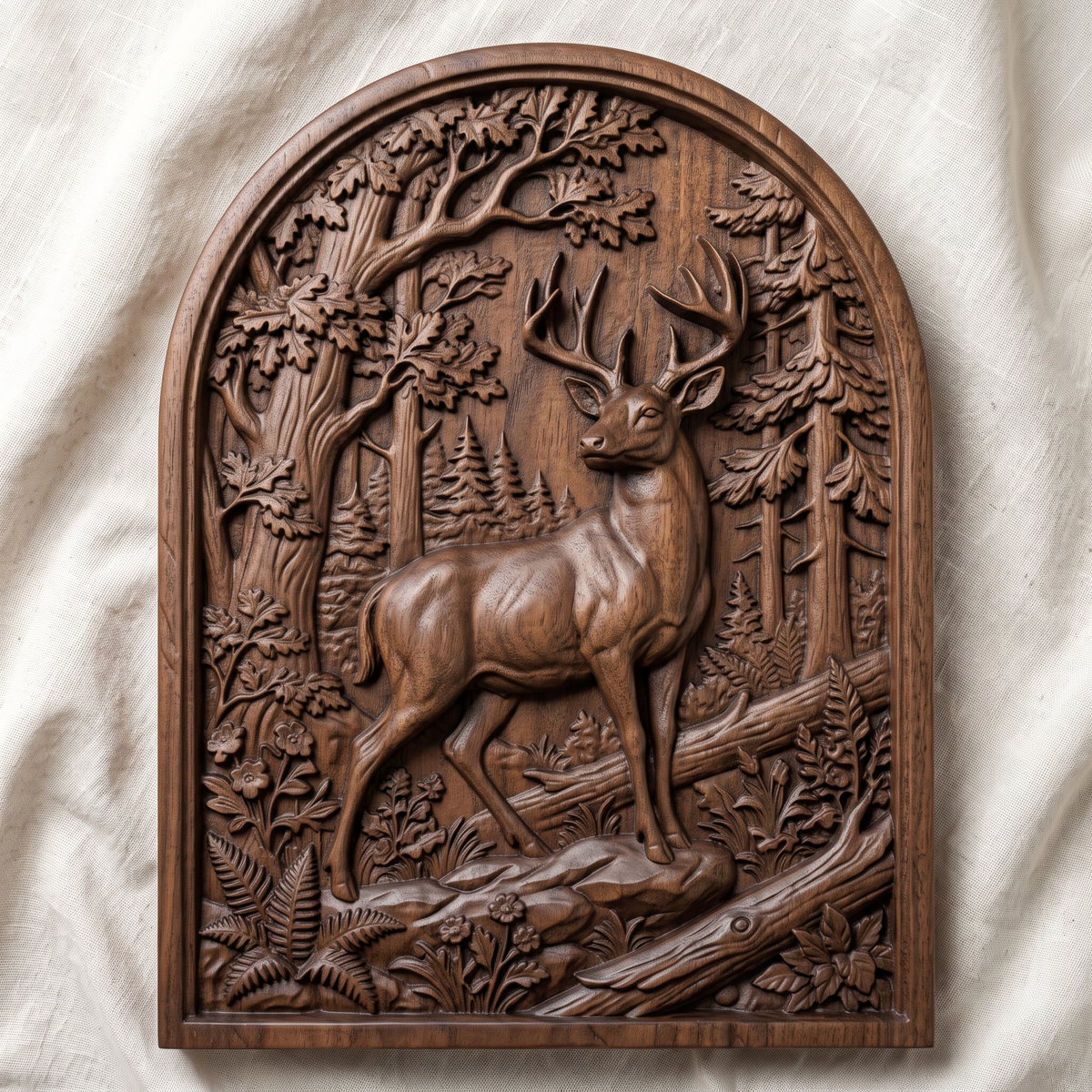 3D bas-relief of a standing buck with a full set of antlers, set in an arched-top frame. Oak trees, tall pines, ferns, wildflowers and a fallen log surround the deer in raised forest detail. Smooth sculpted anatomy and fine leaf texture. Designed for CNC relief carving, woodworking and 3D printing as arched wall decor.