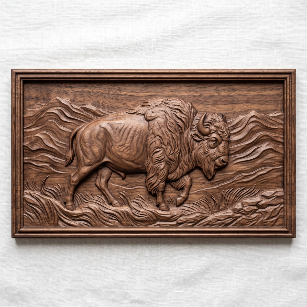 Detailed 3D bas-relief of an American bison walking through rolling mountains and wind-swept prairie grass, with shaggy mane, curved horn, raised front hoof and fine fur texture. Set in a rectangular panel with a stepped molded frame, shown in carved walnut wood. Designed for CNC relief carving, woodworking and 3D printing as rustic western wall decor.