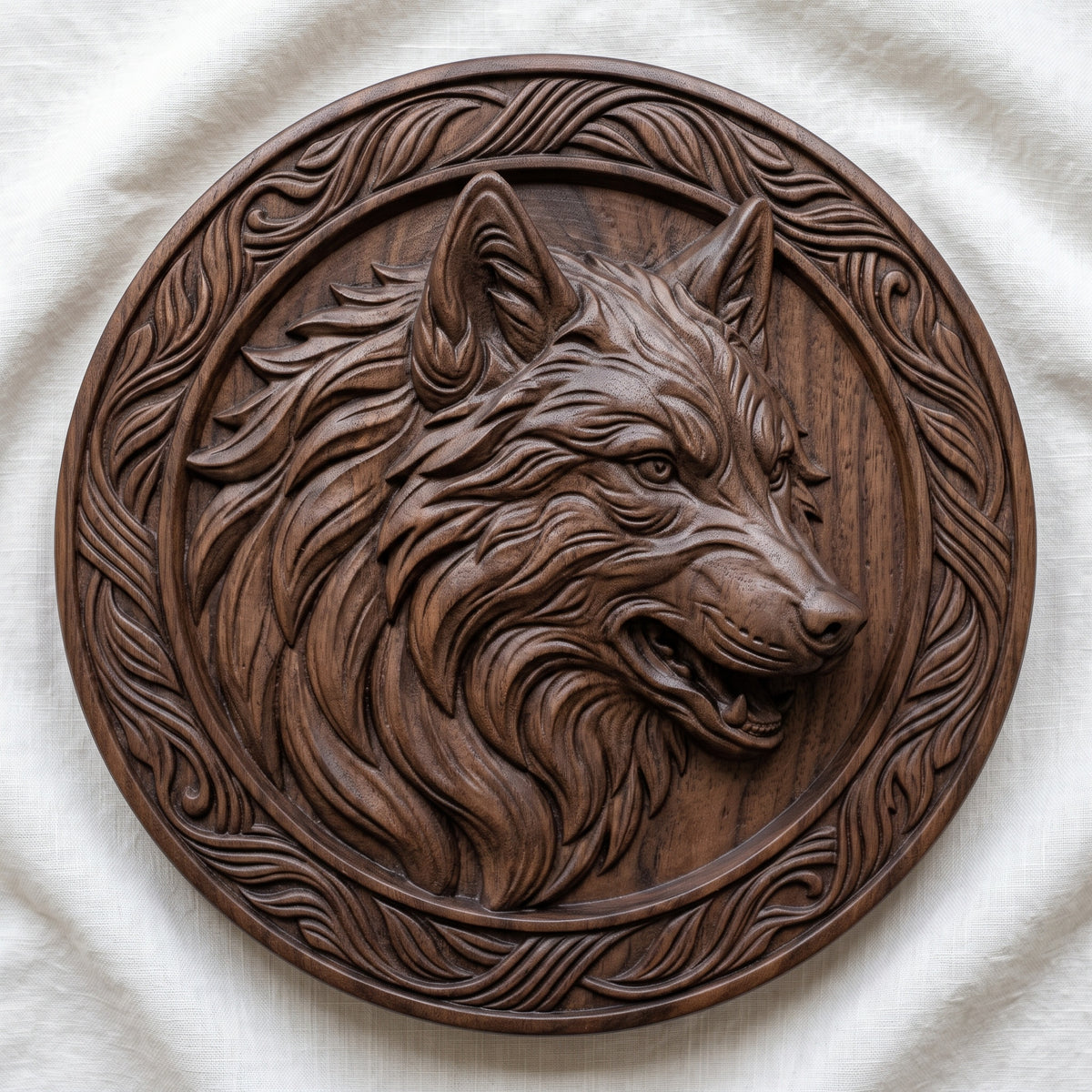 Detailed 3D bas-relief of a wolf head in profile with flowing layered fur, pointed ears and an open snarling mouth, set inside a raised round frame with carved leaf and vine scrollwork. Fine fur texture and deep shadows on a circular medallion panel. Made for CNC router carving, woodworking, 3D printing and rustic wolf wall decor.