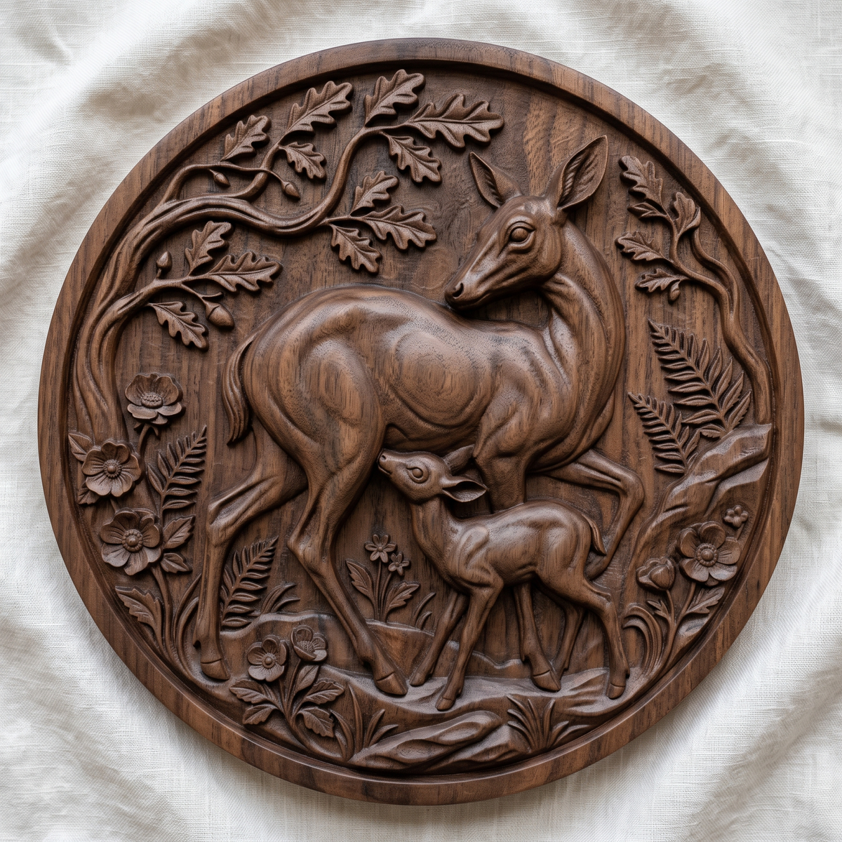 3D bas-relief of a doe looking back while her fawn nurses, set in a round medallion with a raised ring border. Oak branches with acorns arch overhead, with ferns, wild roses and meadow grass in raised detail. Smooth sculpted anatomy and fine leaf texture. Designed for CNC relief carving, woodworking and 3D printing as round wall decor.