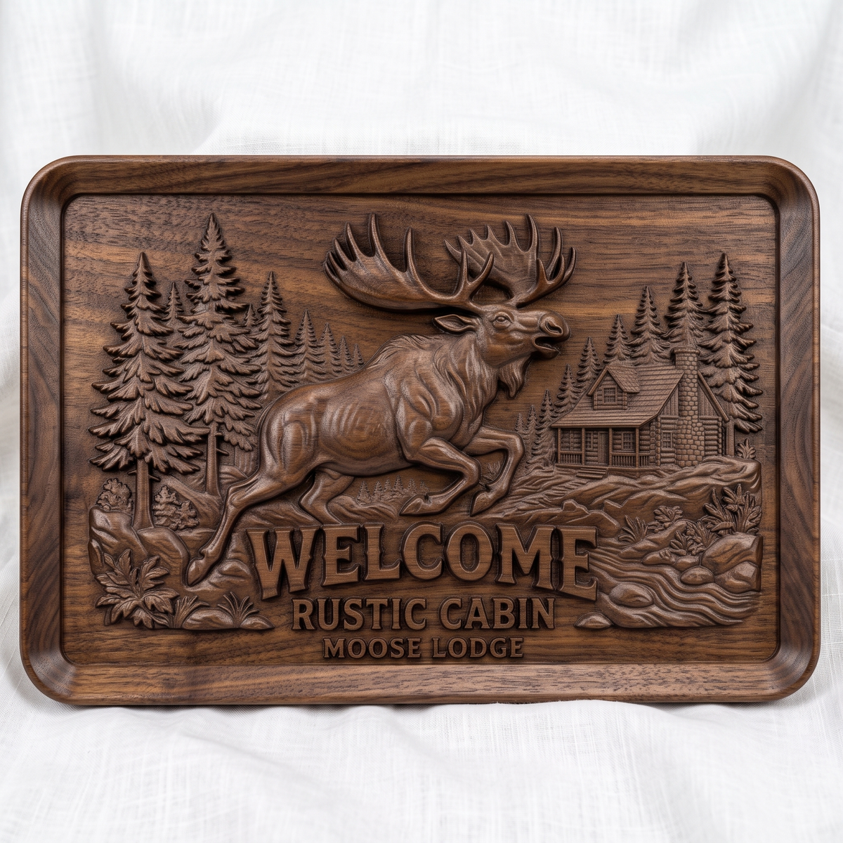 Leaping bull moose with large antlers in front of tall pine trees, a log cabin with stone chimney and a rocky stream, with carved WELCOME RUSTIC CABIN MOOSE LODGE lettering, shown as a landscape rectangular frame relief plaque with a raised rim, digital STL model for CNC router carving and 3D printing.