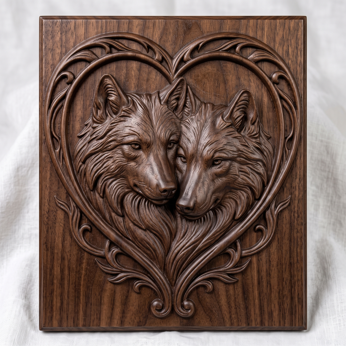 Bas-relief of two wolves nuzzling nose to nose, encircled by ornate heart-shaped scrollwork carved into a rectangular panel with a raised molded border. Rich wood-grain texture and fine fur detail run throughout the piece. Designed for CNC relief carving, wood routing, and 3D printing as rustic wall decor.