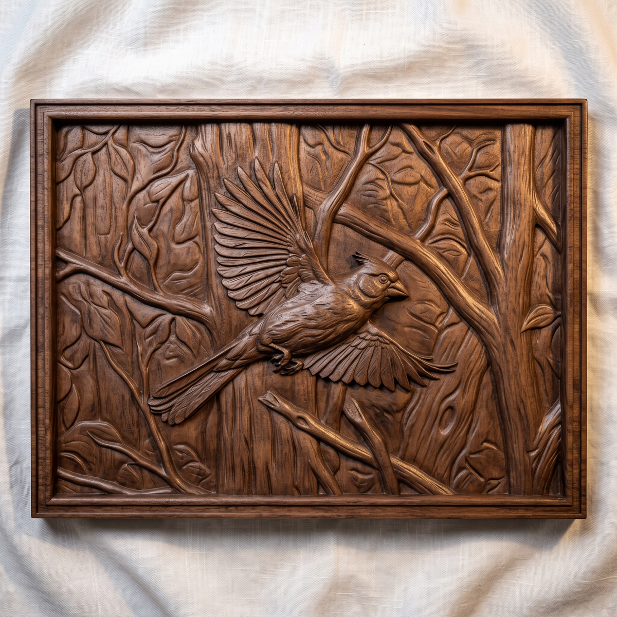 Detailed 3D bas-relief of a cardinal in flight, wings spread and tail fanned, perched among carved forest branches and leaves. The scene is set within a raised rectangular frame border, with fine feather and wood-grain texture throughout. Shown rendered in walnut wood, grey resin, and carved panel finishes. Designed for CNC relief carving, wood routing, and 3D printing as wall decor.