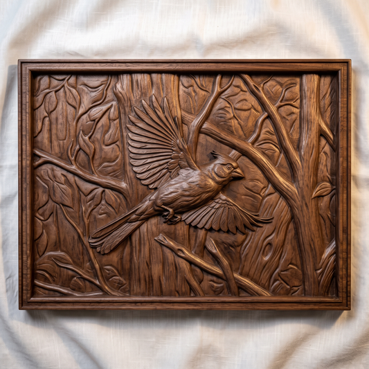 Detailed 3D bas-relief of a cardinal in flight, wings spread and tail fanned, perched among carved forest branches and leaves. The scene is set within a raised rectangular frame border, with fine feather and wood-grain texture throughout. Shown rendered in walnut wood, grey resin, and carved panel finishes. Designed for CNC relief carving, wood routing, and 3D printing as wall decor.