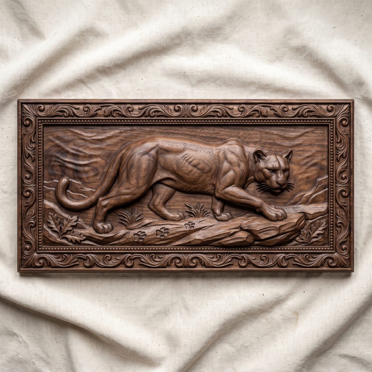 Prowling mountain lion carved in dark walnut wood inside an ornate scrollwork rectangular frame with oak leaves and rocky ledge, shown as a workshop mockup and a grey resin render. Digital STL relief file for CNC routers and 3D printers, ideal for wildlife wall art, panels and woodworking projects.