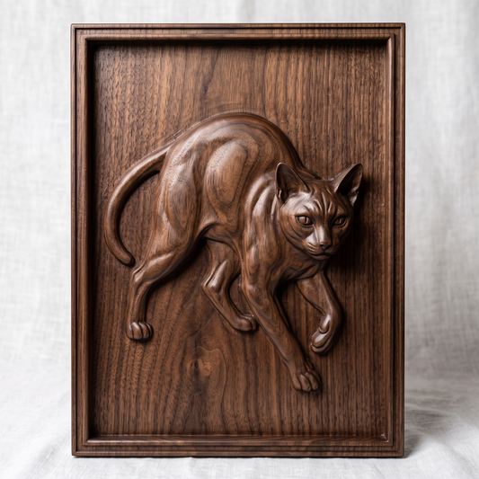 Highly detailed 3D bas-relief of a cat in a dynamic lunging, stretching pose, captured mid-step with an arched back and curled tail. Fine fur texture and muscle definition are carved throughout, set within a raised rectangular frame border. Designed for CNC relief carving, wood routing, and 3D printing as wall art or home decor.
