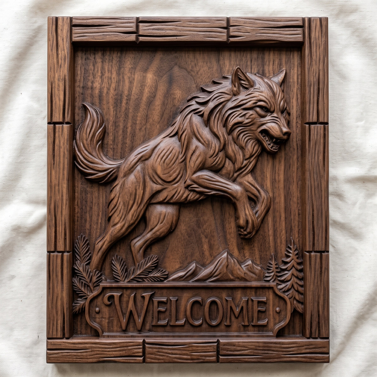 Detailed 3D bas-relief of a snarling gray wolf leaping with front paws raised, fur texture carved in deep relief, with pine branches, mountain peaks and fir trees at the base. A raised WELCOME name plaque sits at the bottom inside a rustic plank wood frame with wood grain. Designed for CNC router carving, wood routing and 3D printing as a welcome sign or cabin wall decor.