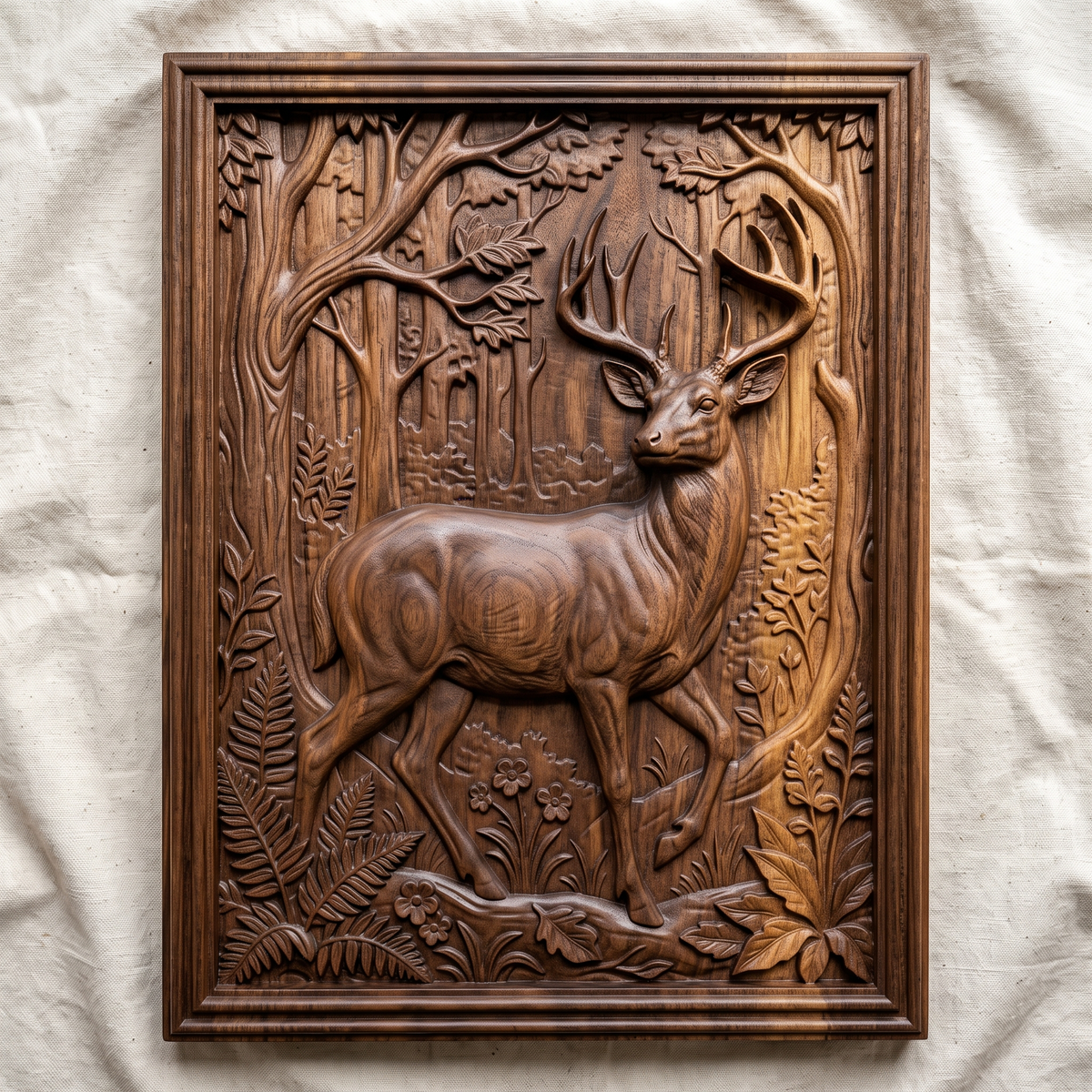 3D bas-relief of a majestic buck with a full set of antlers, standing in a woodland scene inside a rectangular frame with a moulded stepped border. Tall trees, leafy branches, ferns, wildflowers and a fallen log surround the deer. Smooth sculpted anatomy and fine foliage detail. Designed for CNC relief carving, woodworking and 3D printing as rectangular wall decor.