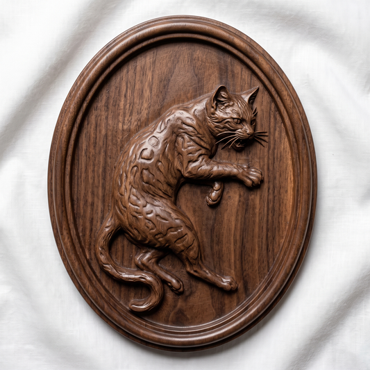 Detailed 3D bas-relief of a snarling cat rearing up inside an oval frame, mouth open showing fangs and one forepaw extended with claws out. Carved fur and rosette coat texture, a long S-curved tail, and a smooth double raised border around a recessed panel. Shown in dark walnut with fine woodgrain detail. Designed for CNC relief carving, wood routing, and 3D printing as animal wall decor.