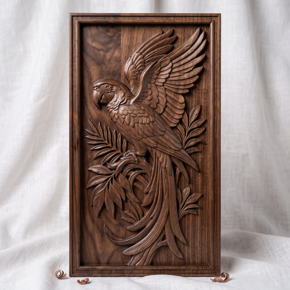 Detailed 3D bas-relief of a macaw parrot perched on a branch, wings fully spread, surrounded by palm fronds and scrollwork leaves. Carved in rich walnut wood grain with fine feather texture, set within a raised rectangular frame border. Designed for CNC relief carving, wood routing, resin casting, and 3D printing as wall decor.