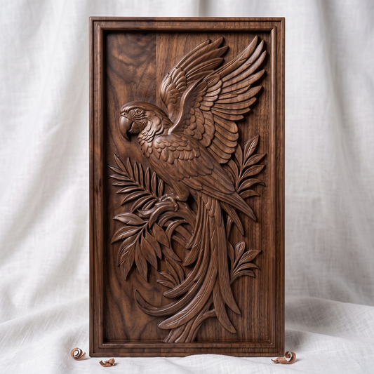 Detailed 3D bas-relief of a macaw parrot perched on a branch, wings fully spread, surrounded by palm fronds and scrollwork leaves. Carved in rich walnut wood grain with fine feather texture, set within a raised rectangular frame border. Designed for CNC relief carving, wood routing, resin casting, and 3D printing as wall decor.