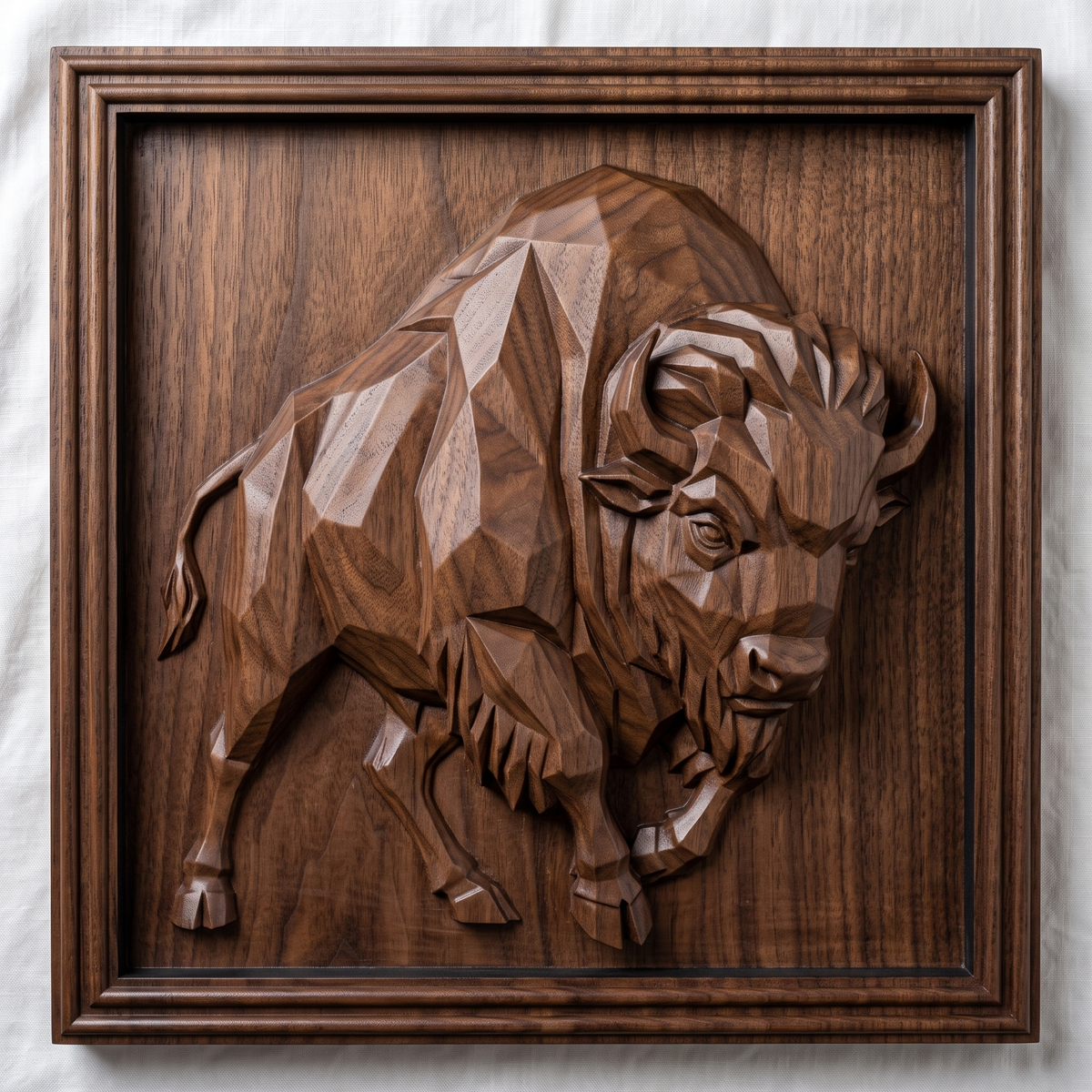 Full-body low poly geometric bison walking forward with lowered head and curved horns, faceted angular planes carved in relief inside a square stepped molded frame, digital STL model for CNC router carving and 3D printing.