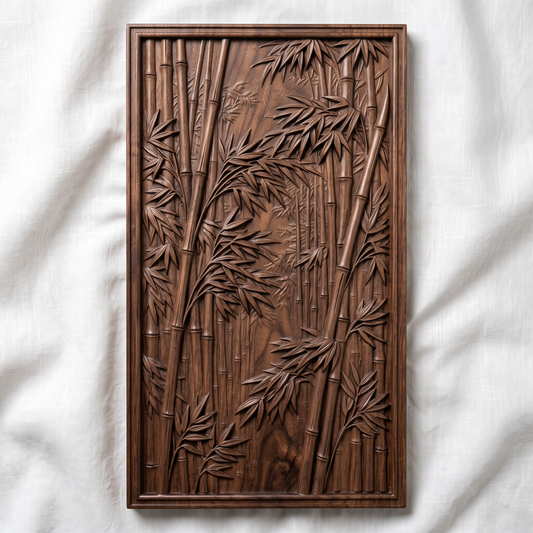 Highly detailed 3D bas-relief of a dense bamboo grove, with tall jointed stalks and layered leaf clusters receding into a misty forest path, framed by a raised molded border. Fine relief carving captures individual leaf veins, stalk nodes, and natural wood grain throughout the panel. Designed for CNC relief carving, wood routing, and 3D printing as zen garden, Asian-inspired, or botanical wall decor.