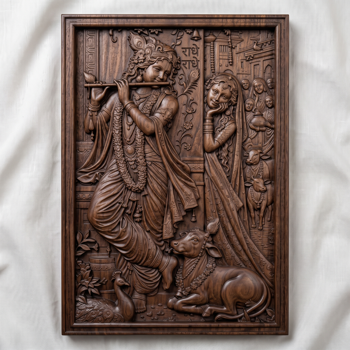 Bas-relief of Radha and Krishna, Krishna playing a flute beneath a carved doorway inscribed Radhe Radhe, with Radha resting her chin on her hand beside him. Gopis carrying pots and grazing cows fill the background, a peacock and calf rest below, all carved in rich wood-grain texture within a rectangular frame. Designed for CNC relief carving, wood routing, and 3D printing as devotional wall decor.