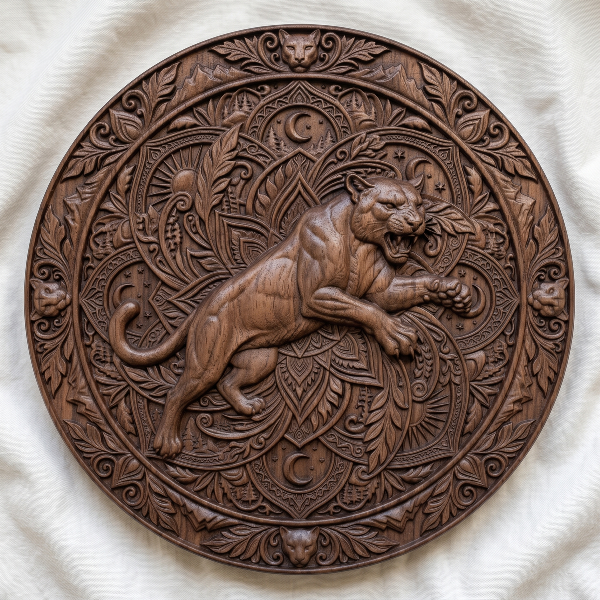 Mountain lion carved in dark walnut wood inside a round mandala frame with leaf scrollwork, moon and sun motifs and cougar head accents, shown as a workshop mockup and a grey resin render. Digital STL relief file for CNC routers and 3D printers, ideal for wildlife wall art, panels and woodworking projects.