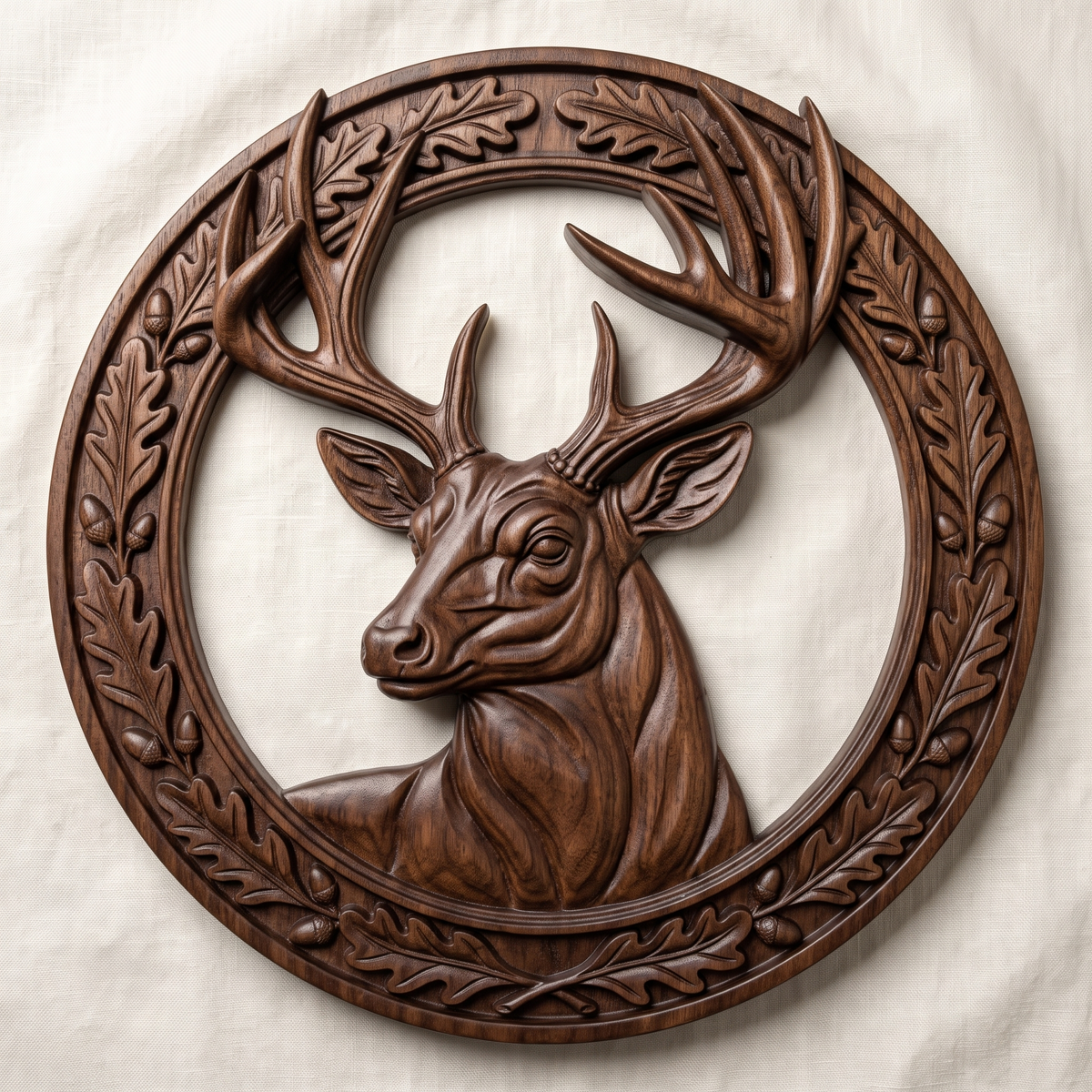 High-relief 3D bas-relief of a deer head with large antlers inside a circular wreath of oak leaves and acorns, made as an open cutout with the background cut away. Fine antler, fur and leaf detail with layered relief. Designed for CNC relief carving, wood routing and 3D printing as rustic wildlife wall decor for a cabin, lodge or hunting den.