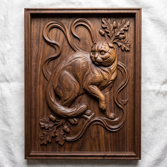 Crouching Scottish Fold cat carved in 3D bas-relief, with an oak leaf and acorn cluster rising behind its head and a curling Art Nouveau vine motif framing the scene. The tail wraps forward beneath a second oak leaf sprig, with fine fur and woodgrain texture throughout. Set within a raised rectangular molded frame. Designed for CNC relief carving, wood routing, resin casting, and 3D printing as wall decor.