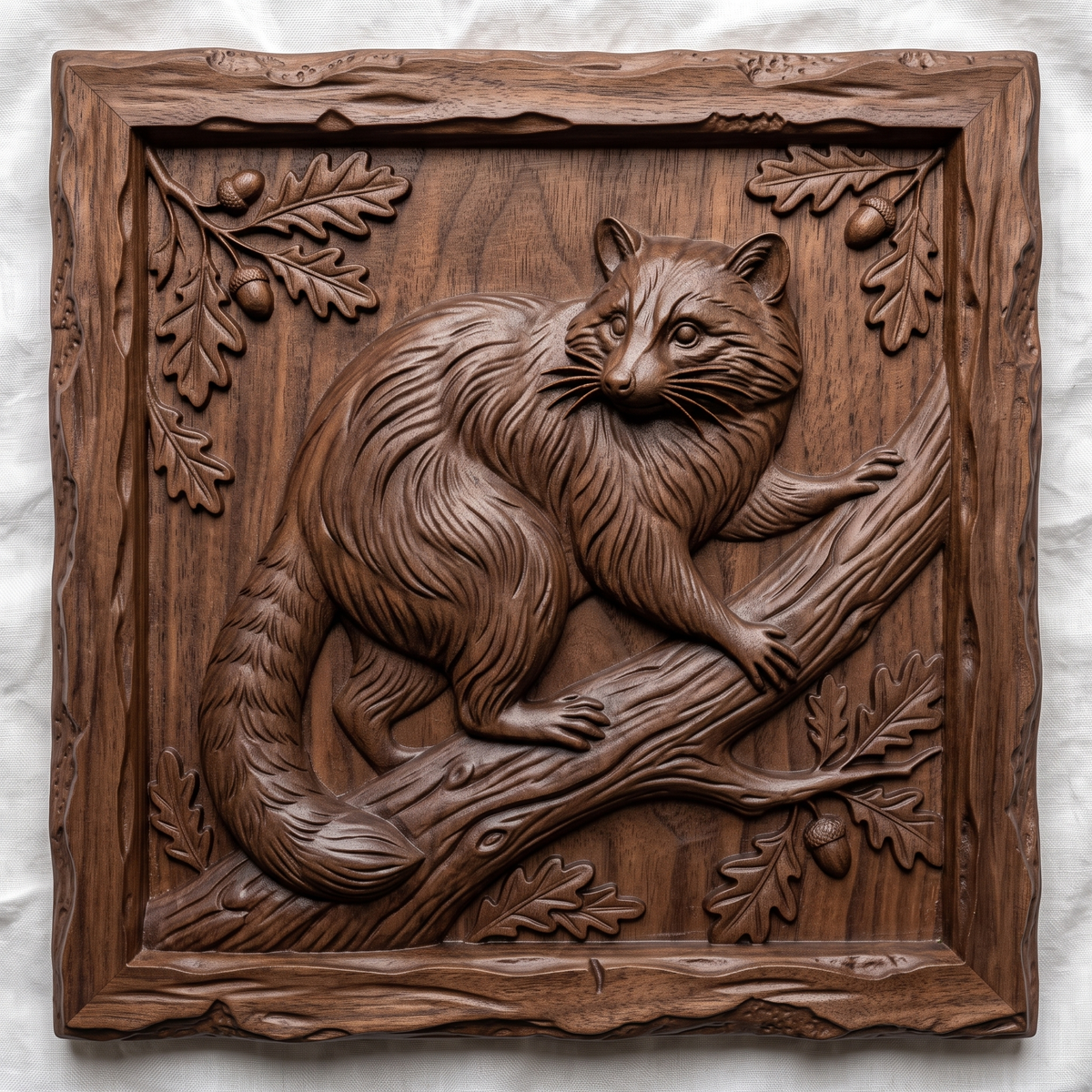 A detailed 3D bas-relief of a raccoon set within a square frame, capturing its facial markings, fur texture, and alert expression in fine raised detail. The design is bordered by a clean square edge, giving it a finished plaque-like presentation. Carved in wood grain texture with natural highlights and shadow depth. Designed for CNC relief carving, wood routing, and 3D printing as wall decor or a nature-themed gift.