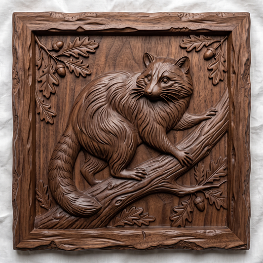 A detailed 3D bas-relief of a raccoon set within a square frame, capturing its facial markings, fur texture, and alert expression in fine raised detail. The design is bordered by a clean square edge, giving it a finished plaque-like presentation. Carved in wood grain texture with natural highlights and shadow depth. Designed for CNC relief carving, wood routing, and 3D printing as wall decor or a nature-themed gift.