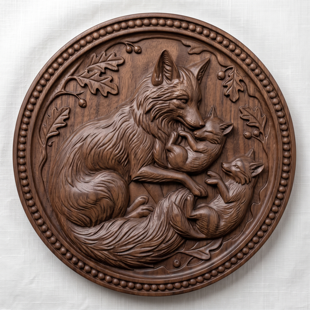 Detailed 3D bas-relief of a mother fox curled around two kits, nuzzling one tucked in her paws while the second lies on its back reaching up to her. Oak leaves and acorns fill the recessed field, framed by a ring of raised beads between two smooth rims. Carved wood texture in high relief. Designed for CNC relief carving, wood routing, and 3D printing as nursery and woodland wall decor.