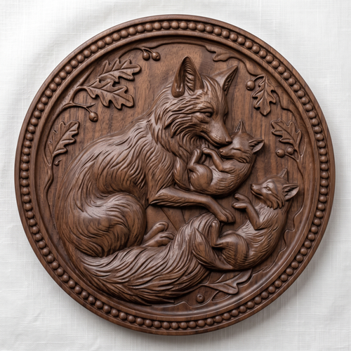 Mama Fox and Kits STL 3D Model, Medallion, CNC Relief, Digital Download