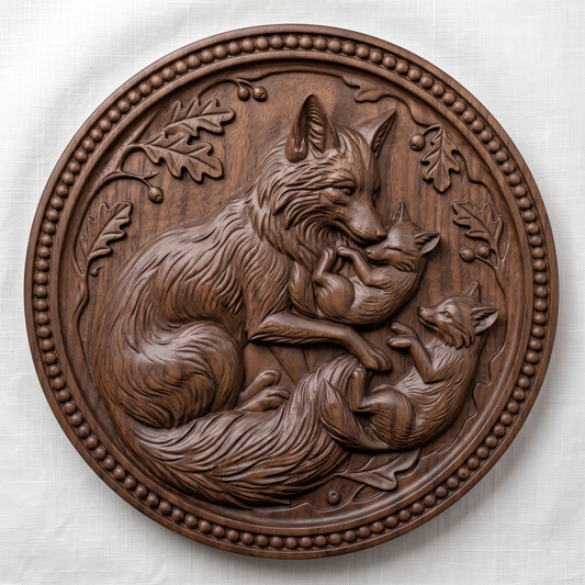 Detailed 3D bas-relief of a mother fox curled around two kits, nuzzling one tucked in her paws while the second lies on its back reaching up to her. Oak leaves and acorns fill the recessed field, framed by a ring of raised beads between two smooth rims. Carved wood texture in high relief. Designed for CNC relief carving, wood routing, and 3D printing as nursery and woodland wall decor.