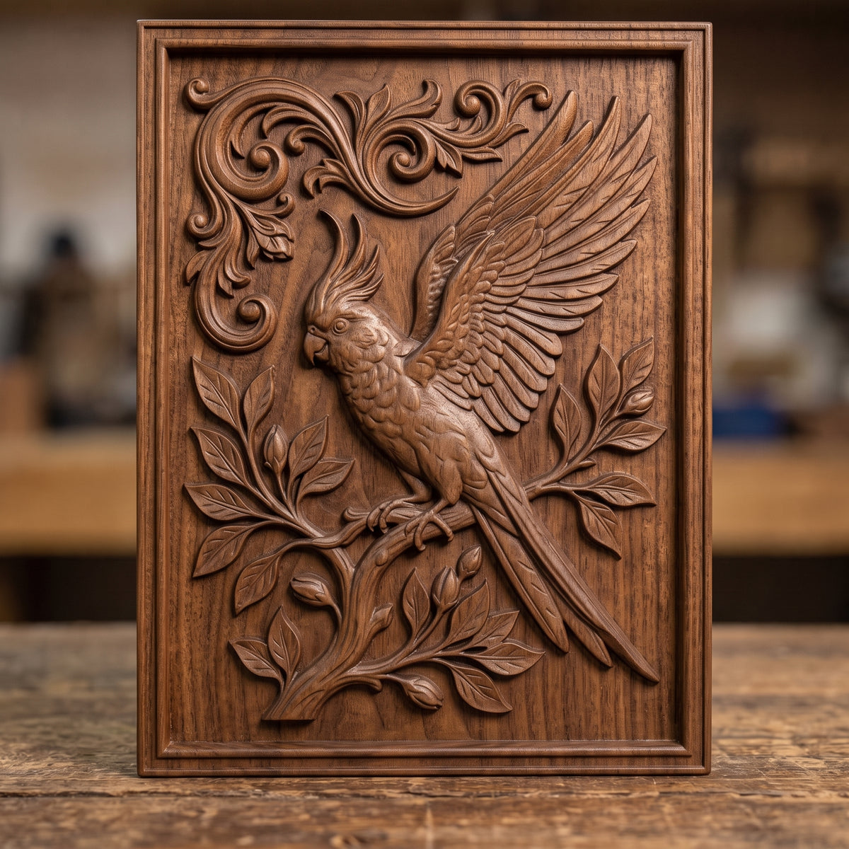 Highly detailed 3D bas-relief of a crested cockatoo with one wing raised and spread, perched on a flowering branch with budding leaves and long tail feathers trailing below, set against ornate scrollwork carved in rich walnut wood. The scene is framed by a raised, molded picture-frame border on a vertical rectangular panel. Fine relief carving captures individual feathers, leaf veins, and natural wood grain throughout. Designed for CNC relief carving, wood routing, and 3D printing as bird lover,