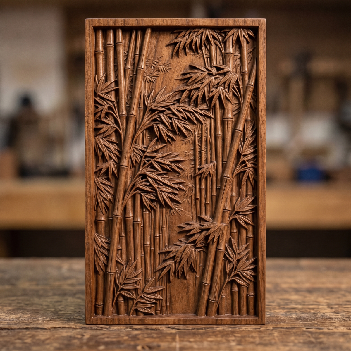 Highly detailed 3D bas-relief of a dense bamboo grove, with tall jointed stalks and layered leaf clusters receding into a misty forest path, framed by a raised molded border. Fine relief carving captures individual leaf veins, stalk nodes, and natural wood grain throughout the panel. Designed for CNC relief carving, wood routing, and 3D printing as zen garden, Asian-inspired, or botanical wall decor.