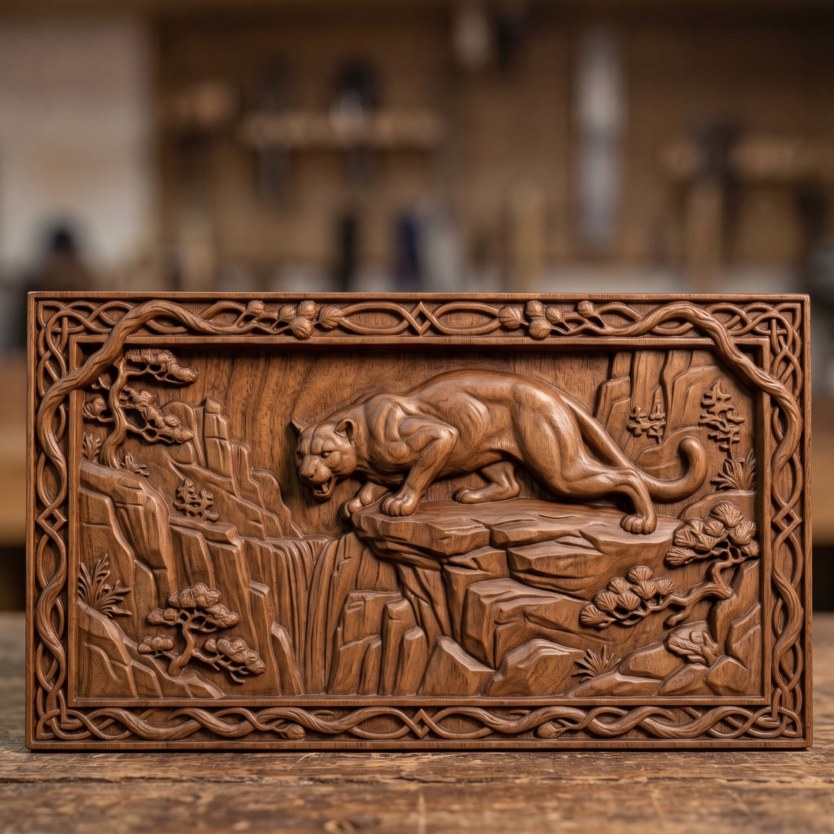 3D bas-relief of a mountain lion crouched on a rocky cliff edge above a waterfall, set in a landscape rectangular frame with a carved vine and Celtic knot border with pine cones. Bonsai-style pine trees, layered cliffs and grass surround the cougar. Smooth sculpted muscle detail and fine rock texture. Designed for CNC relief carving, woodworking and 3D printing as wide wall decor.