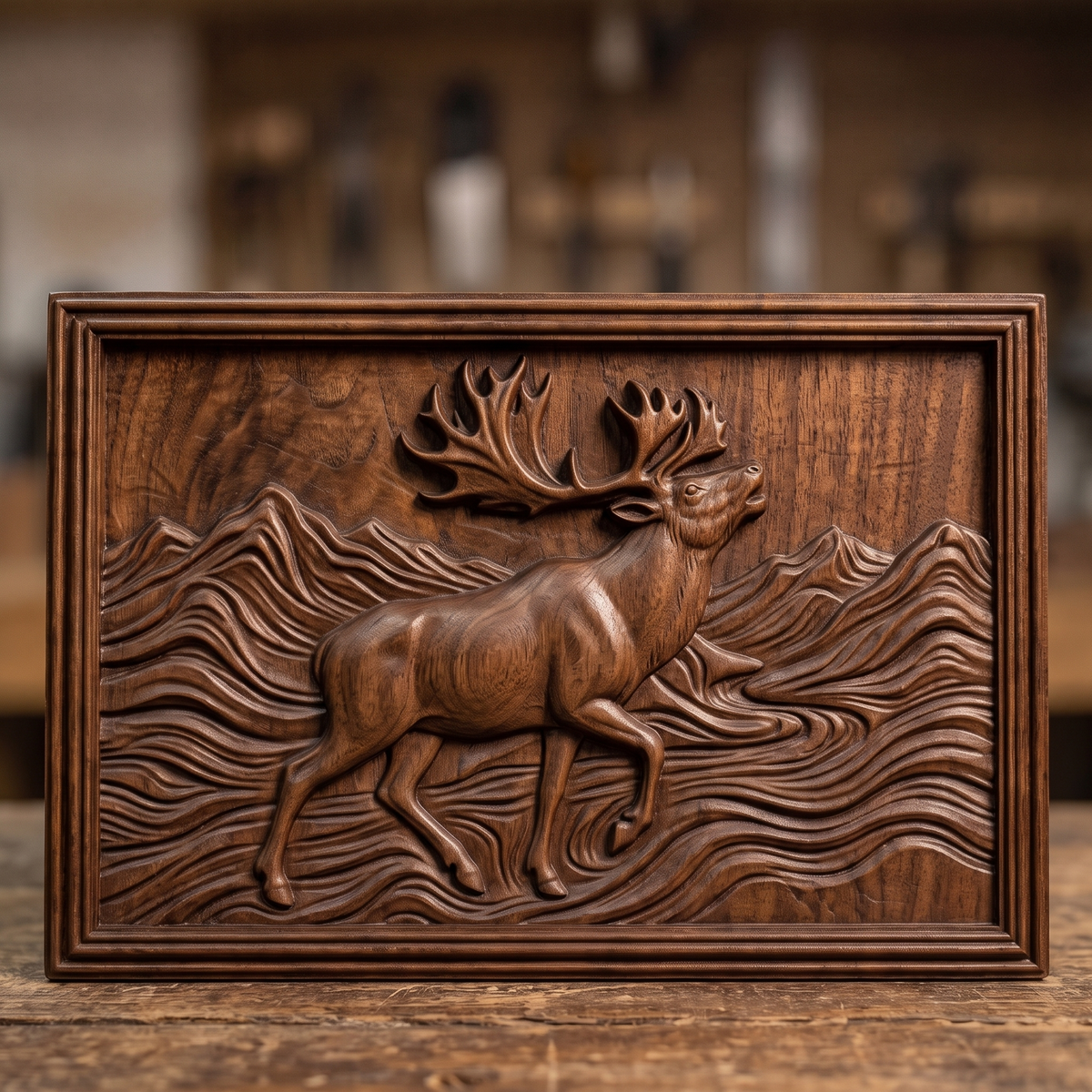 Detailed 3D bas-relief of a caribou with large branching antlers and raised front leg, striding through layered mountain ridges and flowing wind-swept waves. Set in a rectangular panel with a stepped molded frame, shown in carved walnut wood. Designed for CNC relief carving, woodworking and 3D printing as rustic northern wildlife wall decor.