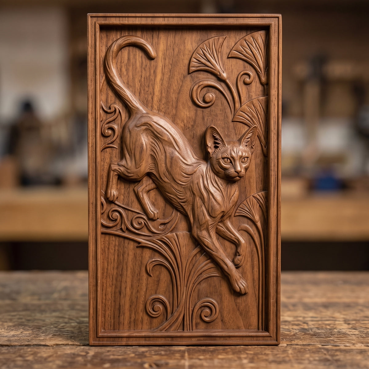 Sleek Oriental cat caught mid-leap with a curled tail, carved as a detailed 3D bas-relief among art nouveau lily fans and spiraling scrollwork. The design sits within a molded rectangular frame border. Designed for CNC relief carving, wood routing, and 3D printing as wall decor.
