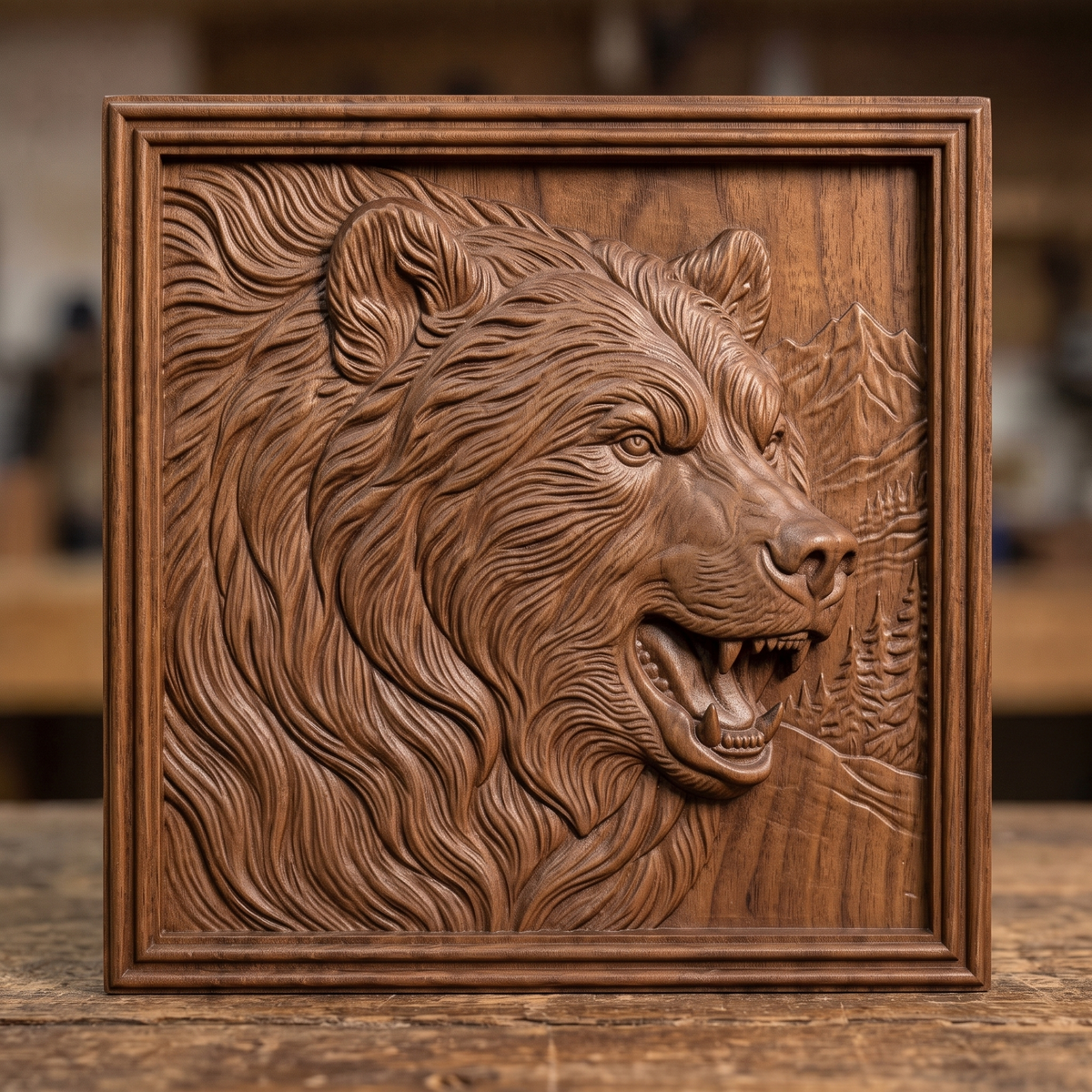 Detailed 3D bas-relief of a snarling grizzly bear head in profile with flowing fur, open jaws and fangs, set against a mountain and pine forest scene inside a stepped square molded frame. Shown in carved walnut wood and grey resin. Designed for CNC relief carving, woodworking and 3D printing as rustic cabin wildlife wall decor.