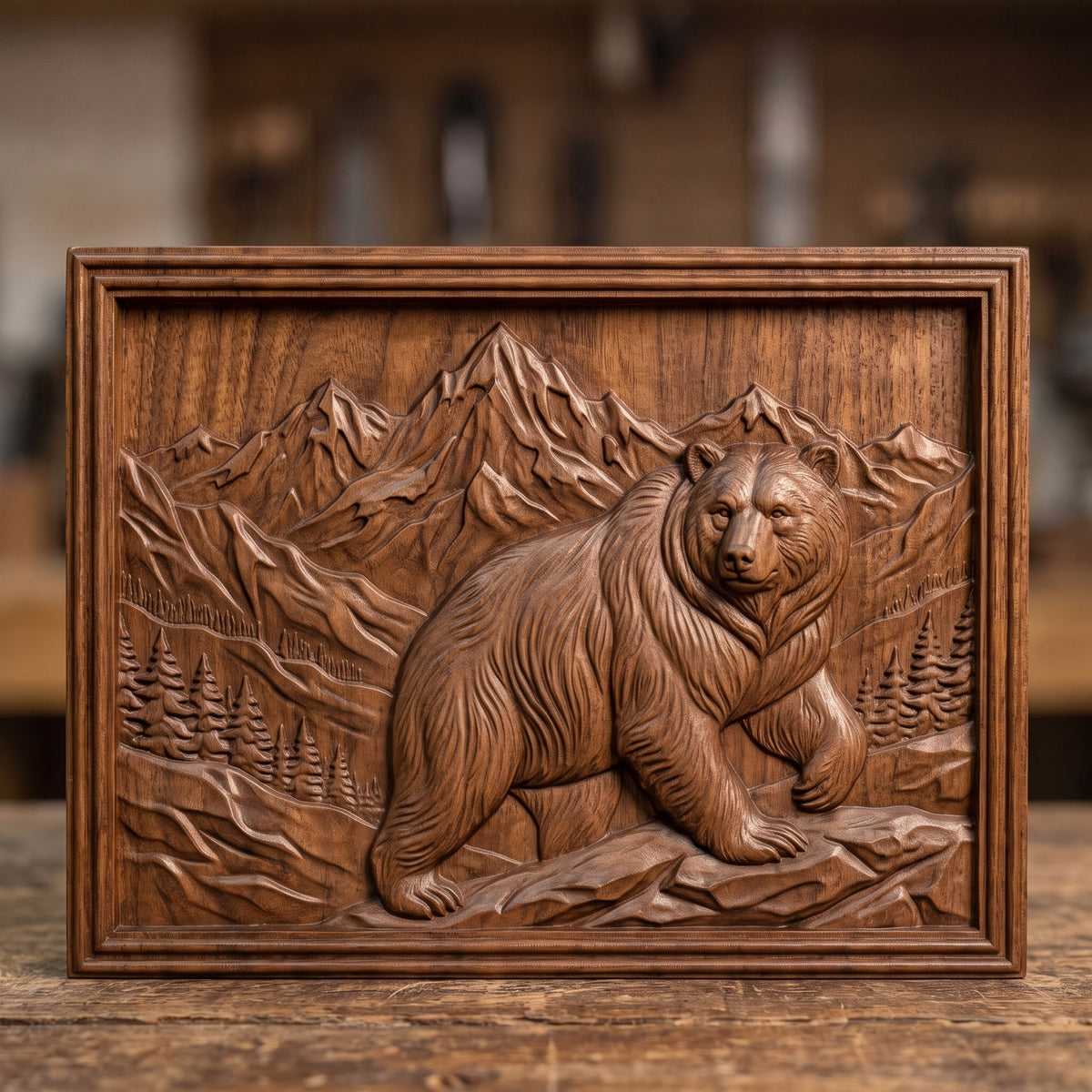 Detailed 3D bas-relief of a grizzly bear walking across rocky ground in front of snow-capped mountain peaks, with pine forest and alpine valleys behind. Framed by a rectangular stepped molded border around a recessed panel. Shown in carved walnut wood and grey resin. Designed for CNC relief carving, woodworking and 3D printing as rustic cabin and wildlife wall decor.