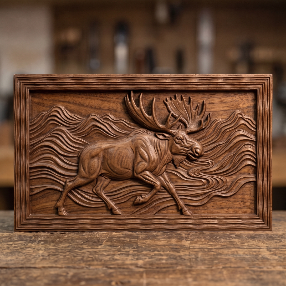 High-relief 3D bas-relief of a running moose with huge antlers striding through flowing wave-pattern mountains beside a winding river, set in a wide landscape rectangular plaque with a wavy stepped molded border. Fine fur, muscle and layered ridge detail. Designed for CNC relief carving, wood routing and 3D printing as rustic wildlife wall decor for a cabin, lodge or den.