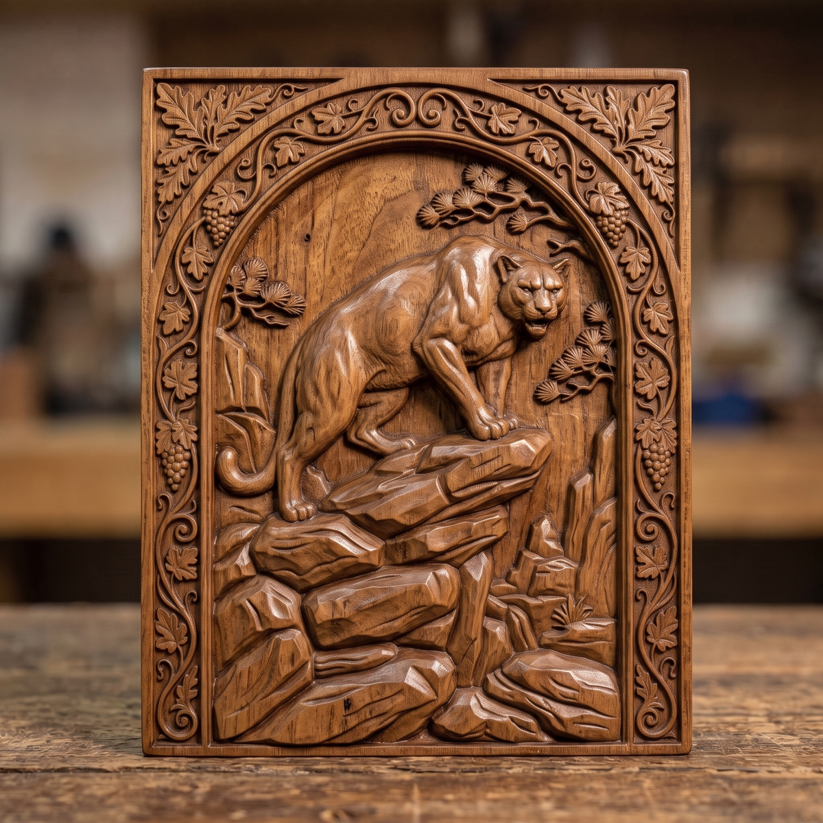 Mountain lion carved in dark walnut wood on a rocky ledge inside an arched rectangular frame with oak leaf, grape vine and pine details, shown as a workshop mockup and a grey resin render. Digital STL relief file for CNC routers and 3D printers, ideal for wildlife wall art, panels and woodworking projects.