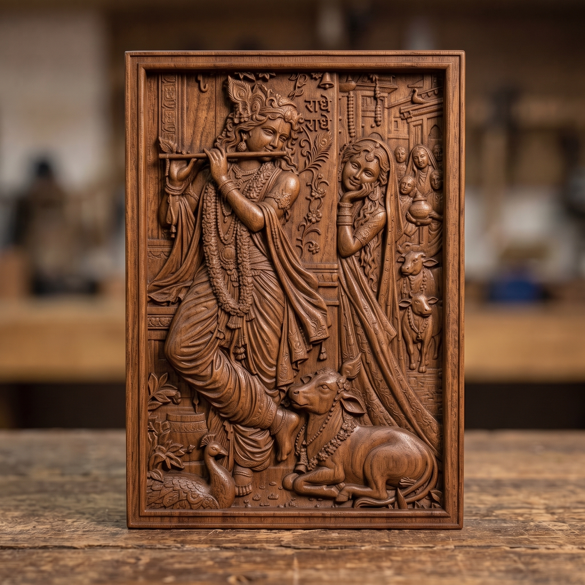 Bas-relief of Radha and Krishna, Krishna playing a flute beneath a carved doorway inscribed Radhe Radhe, with Radha resting her chin on her hand beside him. Gopis carrying pots and grazing cows fill the background, a peacock and calf rest below, all carved in rich wood-grain texture within a rectangular frame. Designed for CNC relief carving, wood routing, and 3D printing as devotional wall decor.