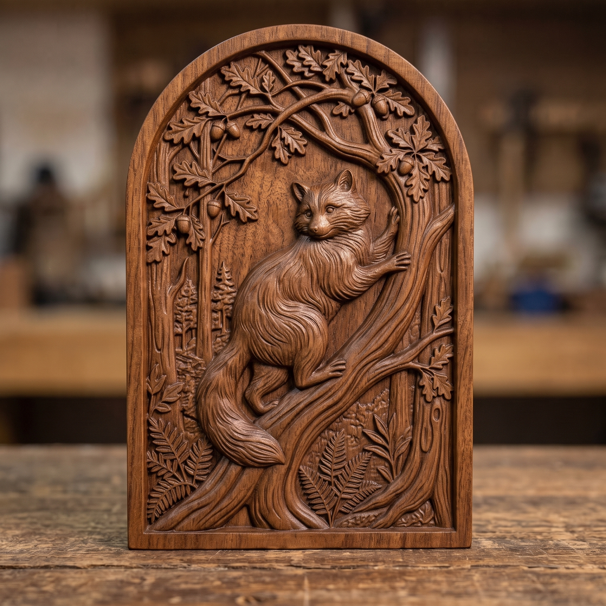 Detailed 3D bas-relief of a raccoon standing upright on its hind legs, one paw resting on a carved tree trunk, framed by an oak leaf and acorn canopy above and ferns below. Carved wood texture with fine fur detail on an arched-top rectangular panel. Designed for CNC relief carving, wood routing, and 3D printing as woodland wall decor.