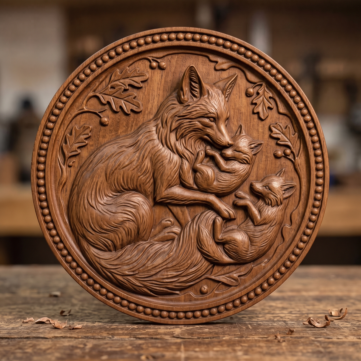 Detailed 3D bas-relief of a mother fox curled around two kits, nuzzling one tucked in her paws while the second lies on its back reaching up to her. Oak leaves and acorns fill the recessed field, framed by a ring of raised beads between two smooth rims. Carved wood texture in high relief. Designed for CNC relief carving, wood routing, and 3D printing as nursery and woodland wall decor.