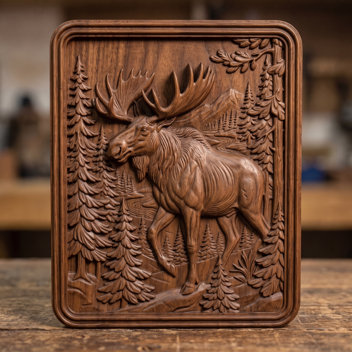 High-relief 3D bas-relief of a walking moose with large antlers in a pine forest with mountains and a winding river, framed in a portrait rectangular plaque with rounded corners. Fine antler, fur and pine needle detail with layered relief. Designed for CNC relief carving, wood routing and 3D printing as rustic wildlife wall decor for a cabin, lodge or hunting den.