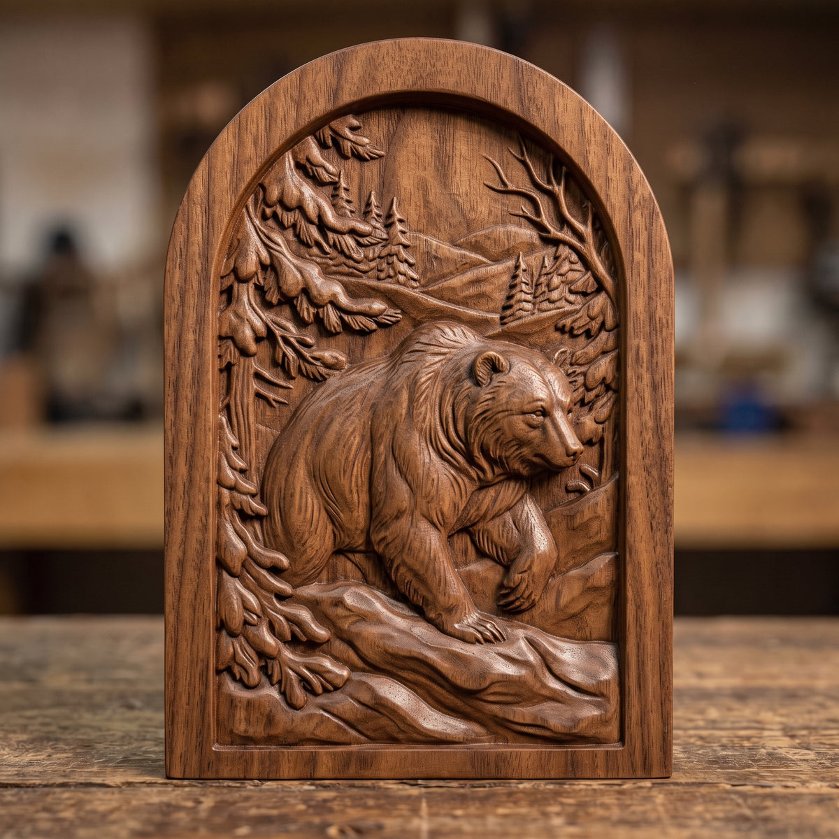 Detailed 3D bas-relief of a brown bear walking through a snowy winter forest, front paw raised, with snow-laden pine branches, bare winter branches, distant fir trees and rolling hills. Set in a recessed arched panel with a stepped molded frame. Fine fur and snow texture. Designed for CNC relief carving, woodworking and 3D printing as rustic cabin wall decor.