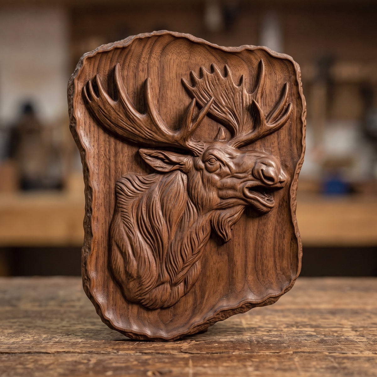 High-relief 3D bas-relief of a bull moose head with wide palmate antlers, open mouth and a shaggy mane, set on a rugged live-edge stone style slab. Fine fur, muscle and antler detail rising from a smooth flat background. Designed for CNC relief carving, wood routing and 3D printing as rustic wildlife wall decor for a cabin, lodge or hunting den.