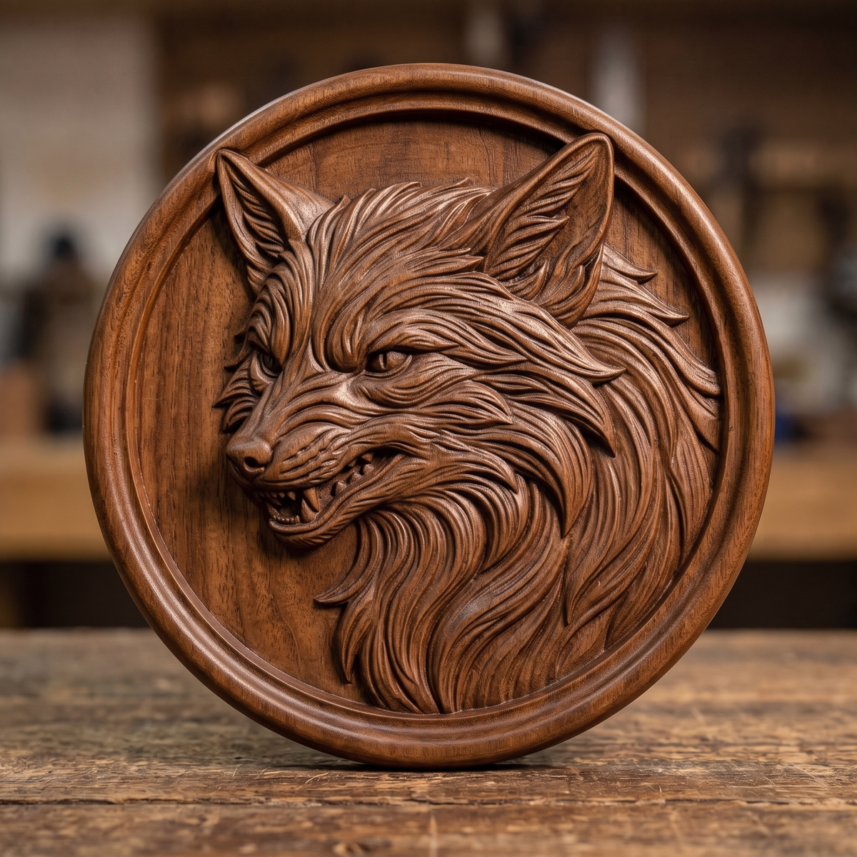 A high-relief 3D carving of a snarling fox head, bared teeth, narrow eyes, and a flowing fur mane rendered in fine raised detail. The bust is set within a raised circular medallion frame with a smooth rim. Carved wood texture shown for reference. Designed for CNC relief carving, wood routing, resin casting, and 3D printing as wall decor or a medallion plaque.