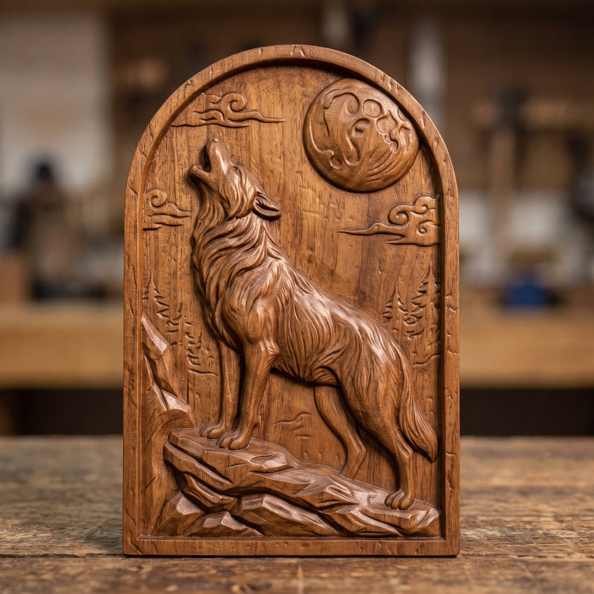 Detailed 3D bas-relief of a wolf howling at a full moon, standing on a rocky ledge with deep fur texture, swirling clouds, pine trees and mountain rocks behind. The scene is carved on an arched-top panel with a thin raised border and rustic wood grain. Designed for CNC router carving, wood routing and 3D printing as wolf wall decor for a cabin or lodge.