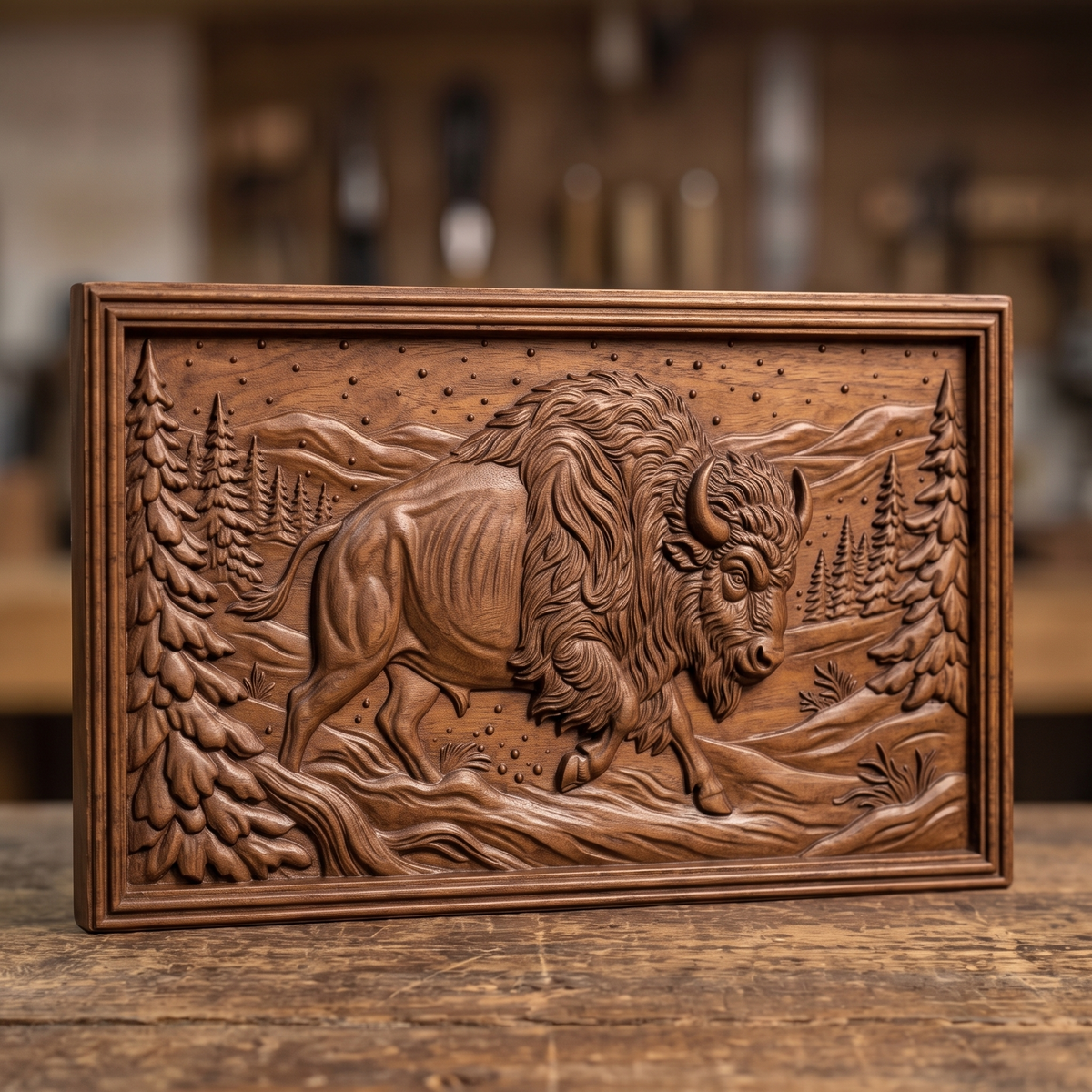 Detailed 3D bas-relief of a powerful bison charging through deep snow, head lowered with curved horns, shaggy mane and one front hoof raised. Snowy pine trees line both sides, rolling hills and falling snowflakes fill the sky, and snow sprays near the hooves. Set in a rectangular panel with a stepped molded frame. Designed for CNC relief carving, wood routing and 3D printing as rustic cabin wall decor.
