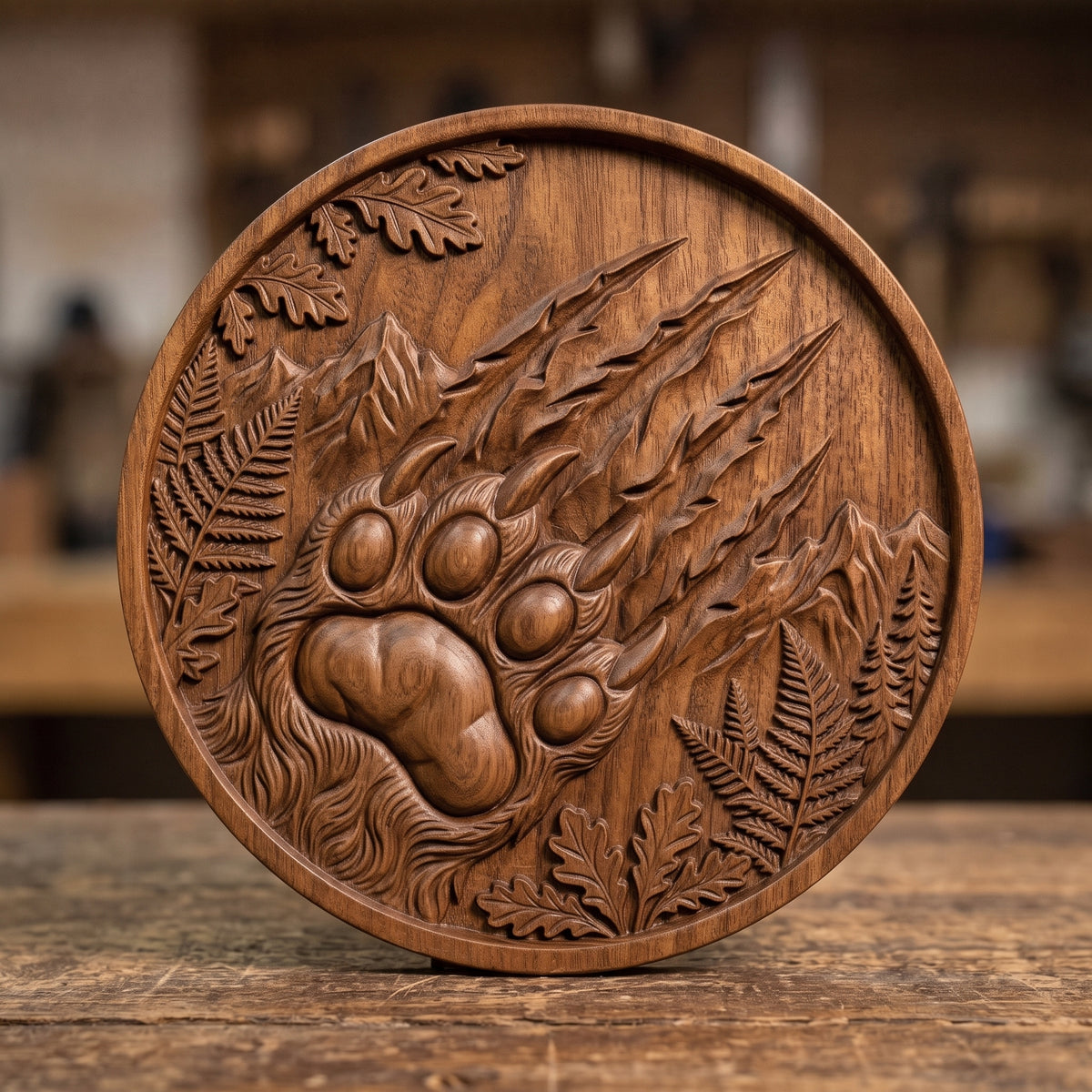 Detailed 3D bas-relief of a large bear paw with four toe pads and curved claws, with deep claw scratch marks slashing across a round medallion. Mountain peaks, ferns, oak leaves and pine trees fill the scene inside a raised ring border. Shown in carved walnut wood and grey resin. Designed for CNC relief carving, woodworking and 3D printing as rustic cabin wildlife wall decor.