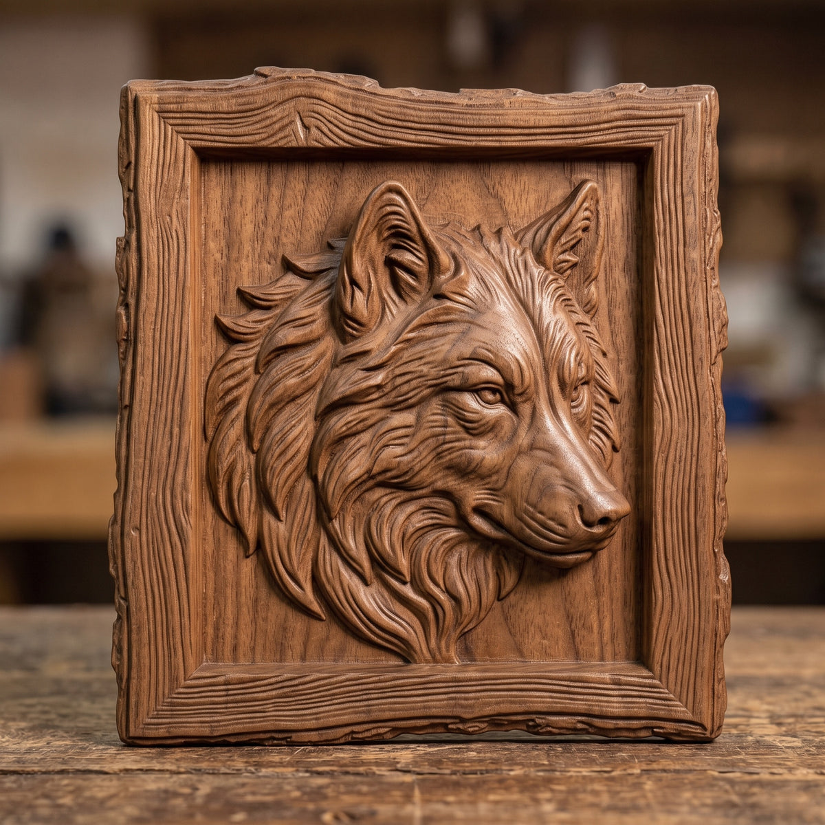 Detailed 3D bas-relief of a wolf head in profile with flowing layered fur, pointed ears and a calm watchful eye, set in a rustic live-edge wood picture frame with raised grain and rough natural edges around a recessed panel. Deep fur texture and carved wood grain. Made for CNC router carving, woodworking, 3D printing and rustic cabin wall decor.