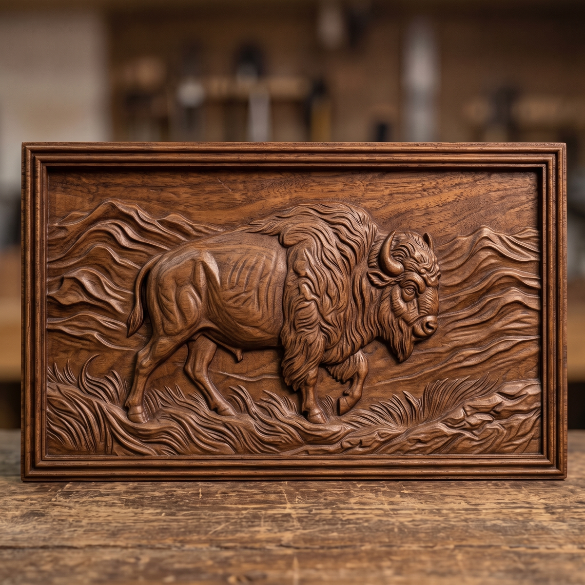 Detailed 3D bas-relief of an American bison walking through rolling mountains and wind-swept prairie grass, with shaggy mane, curved horn, raised front hoof and fine fur texture. Set in a rectangular panel with a stepped molded frame, shown in carved walnut wood. Designed for CNC relief carving, woodworking and 3D printing as rustic western wall decor.